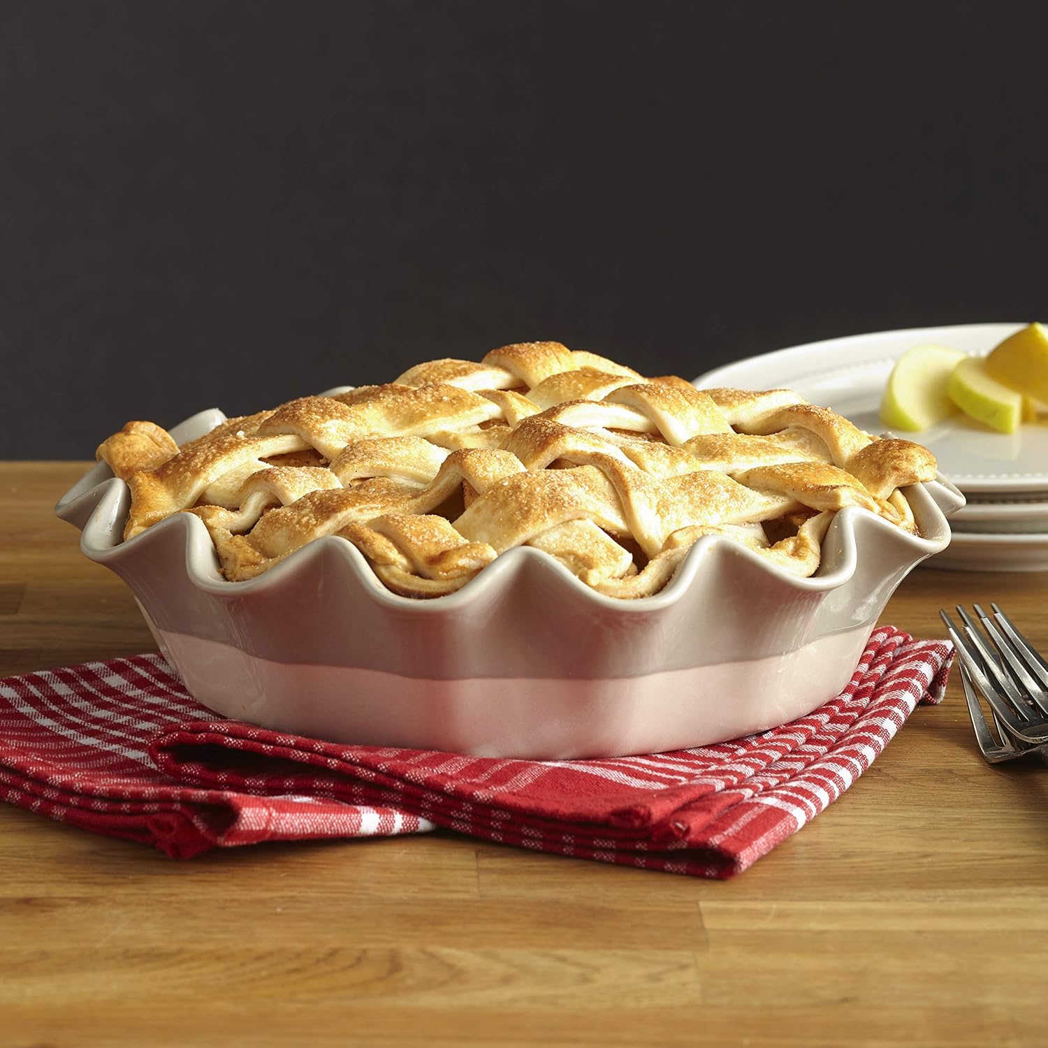Gray Stoneware Pie Plate with Ruffled Edge - Baking Dish for Pastries, Brunch, Dinne