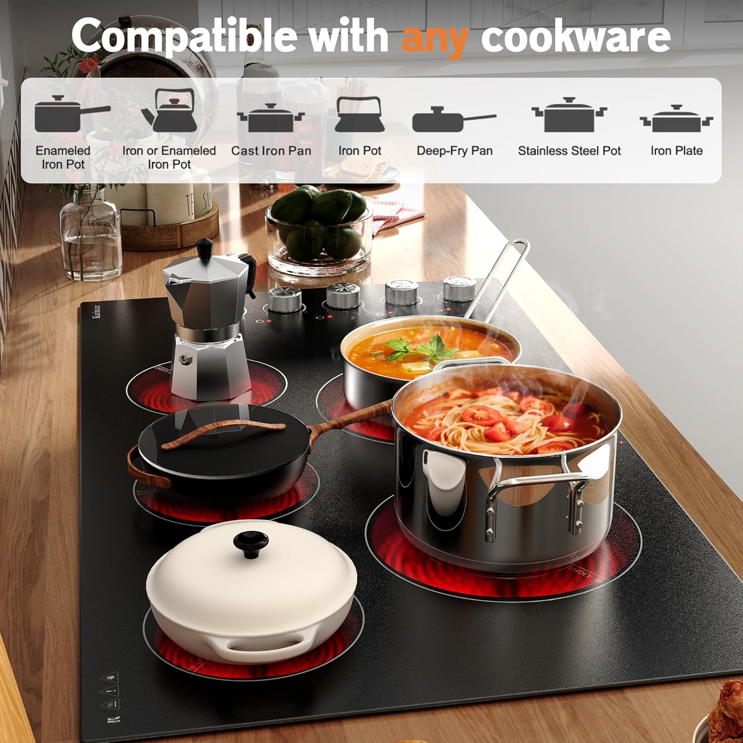 Diagram showing the dimensions of the Karinear cooktop and the required cut-out size for installation, along with a simplified wiring diagram.