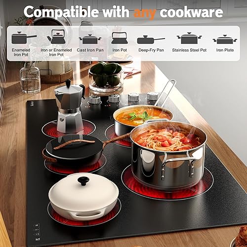 Miniatura 5 de Karinear Placa de cocina eléctrica de 36 pulgadas, 5 quemadores, control de perilla de estufa eléctrica, 9 niveles de potencia, indicador de calor