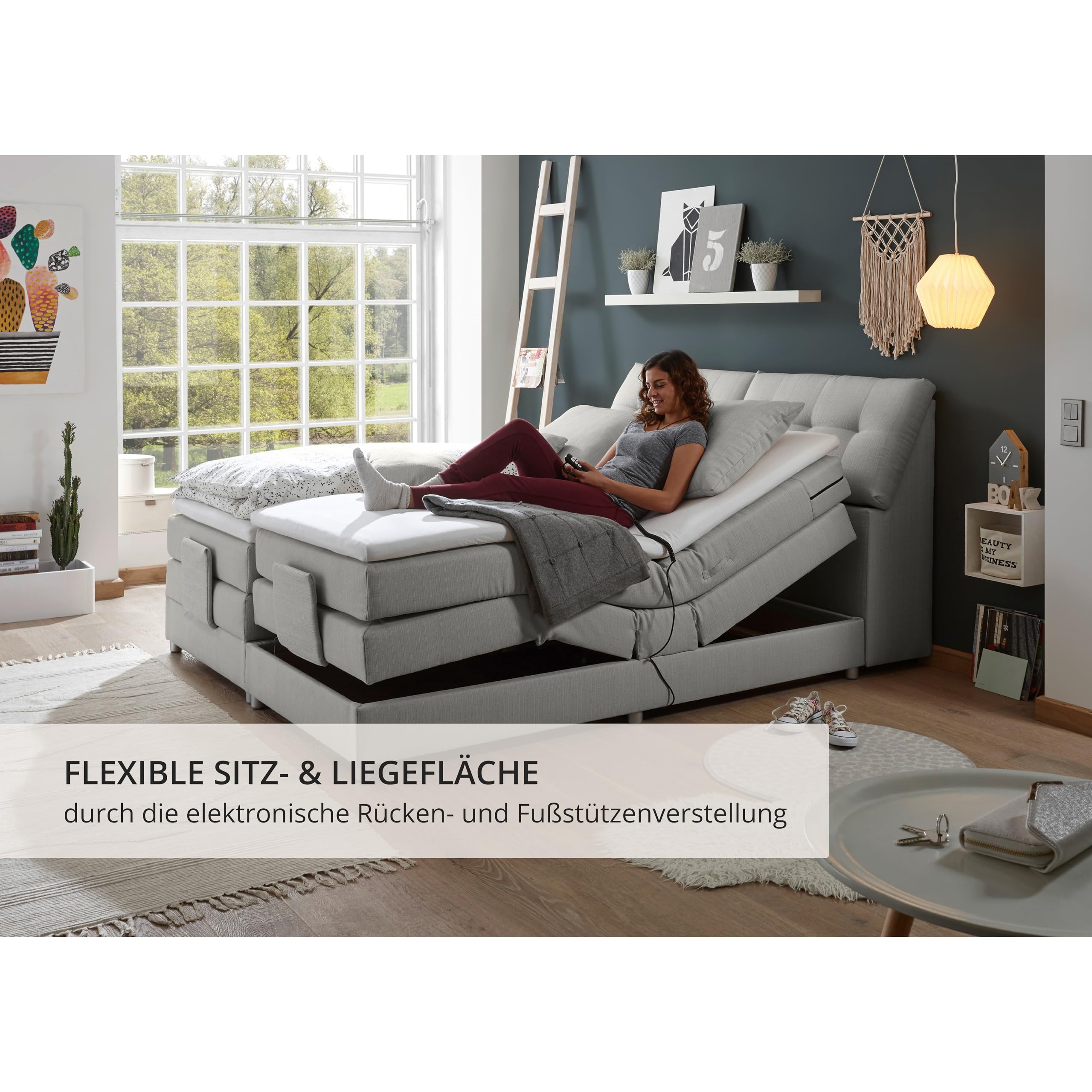CARPINO Boxspringbett 180x200 elektrisch verstellbar, Silber - Bequemes Doppelbett mit dekorativer Steppung & Komfortschaum Topper - 180 x 110 x 234 cm (B/H/T)