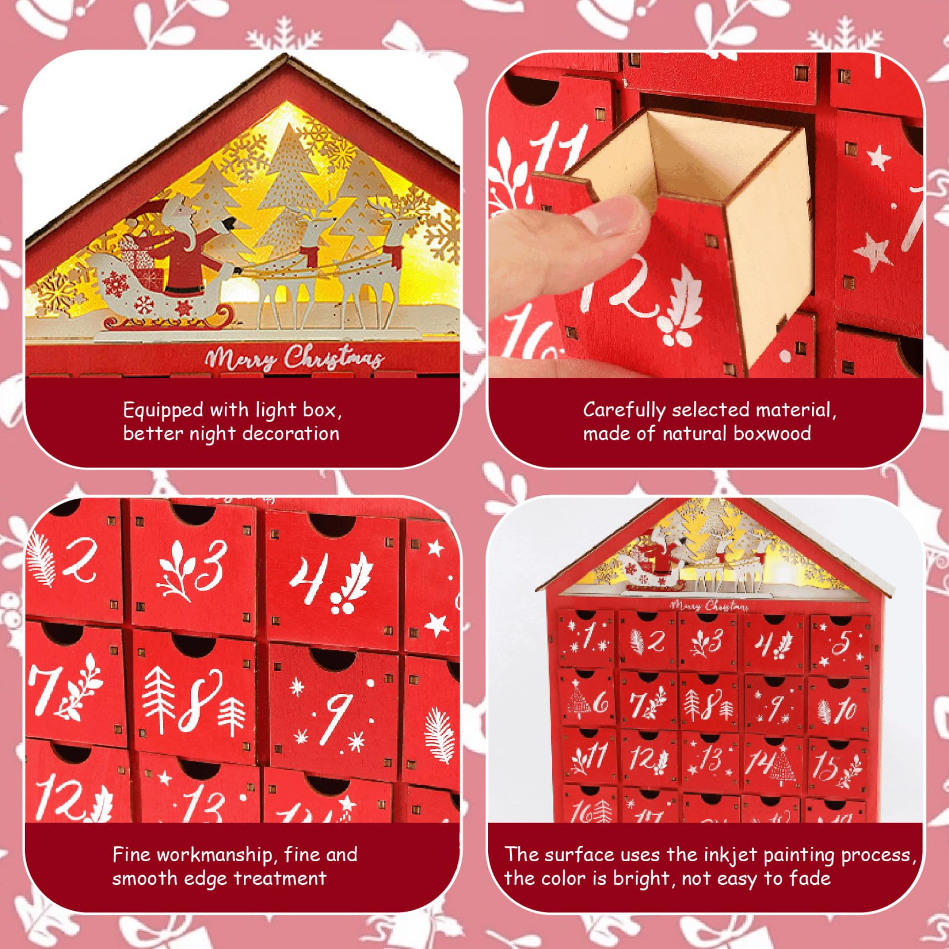 Calendario de Adviento navideño con 24 cajones de almacenamiento Calendario de Adviento de madera LED con árbol de Navidad y casas DIY ideal para adultos y niños Decoración navideña