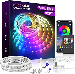 82 Ft/25m LED Strip Lightsï¼ŒMicomlan Music Sync Color Changing RGB LED Strip Built-in Mic, Bluetooth app Controlled LED Lights Rope Lights, 5050 RGB LED Light Strip(APP+Remote+Mic+Music +3 Button)