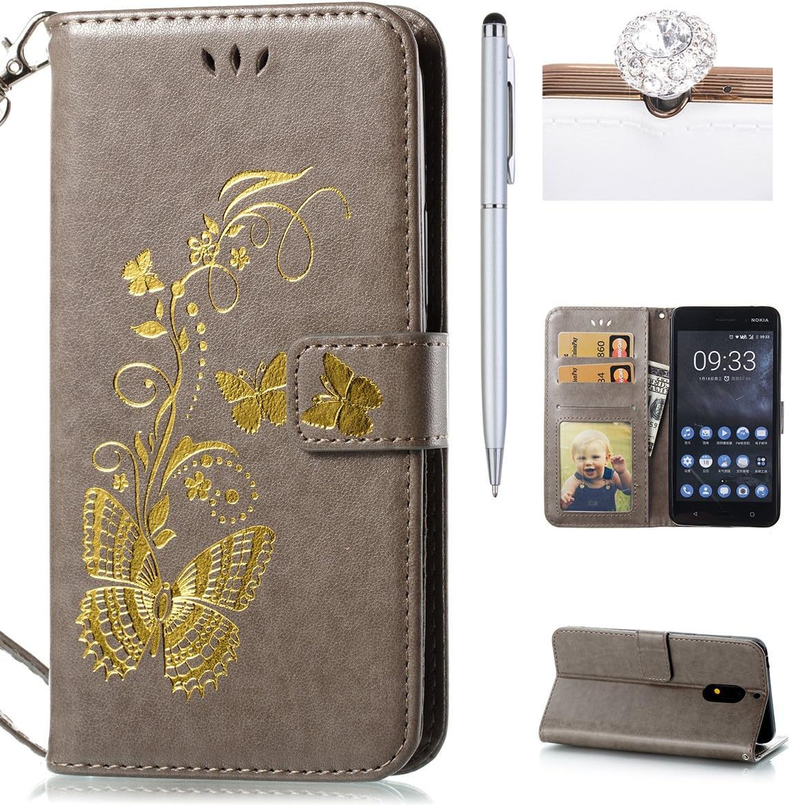 Nokia 6 Case, Felfy Nokia 6 Wallet Flip Case Cover, Nokia 6 Case Premium Leather [Bronzing Technology] Embossed Butterfly Pattern Lanyard Cover with [Magnetic Closure][Flip Stand][Card Slots] Solid Color Folio Bookstyle Kicksand Bumper Shockproof Black Back Skin Cover Case for Nokia 6 + 1 Silver Stylus Pen + 1 Dust Plug.Butterfly,Grey