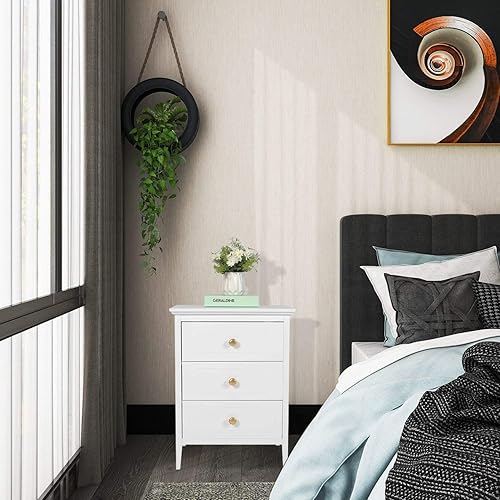 Miniatura 6 de YIGOBUY Mesita de noche blanca para dormitorio con 3 cajones, mesa auxiliar para dormitorio, sala de estar, armario de madera de almacenamiento,