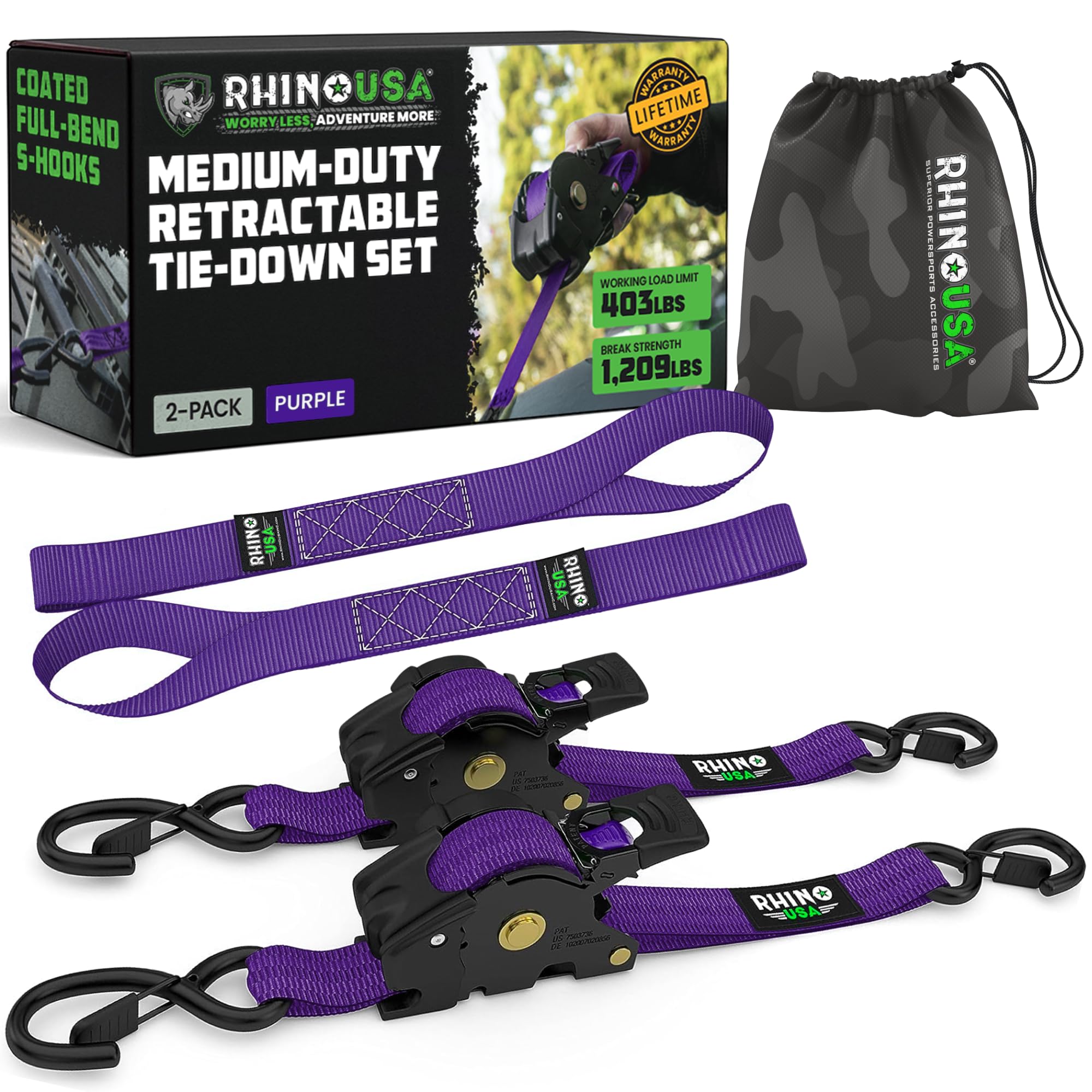 Rhino USA Retractable Ratchet Straps (2-Pack) - 1 Inch x 10 Feet (1,209lb Break Strength) - Auto Self Retracting Tie Down Straps for Truck, Cargo Trailer, Motorcycle, ATV, UTV - Purple