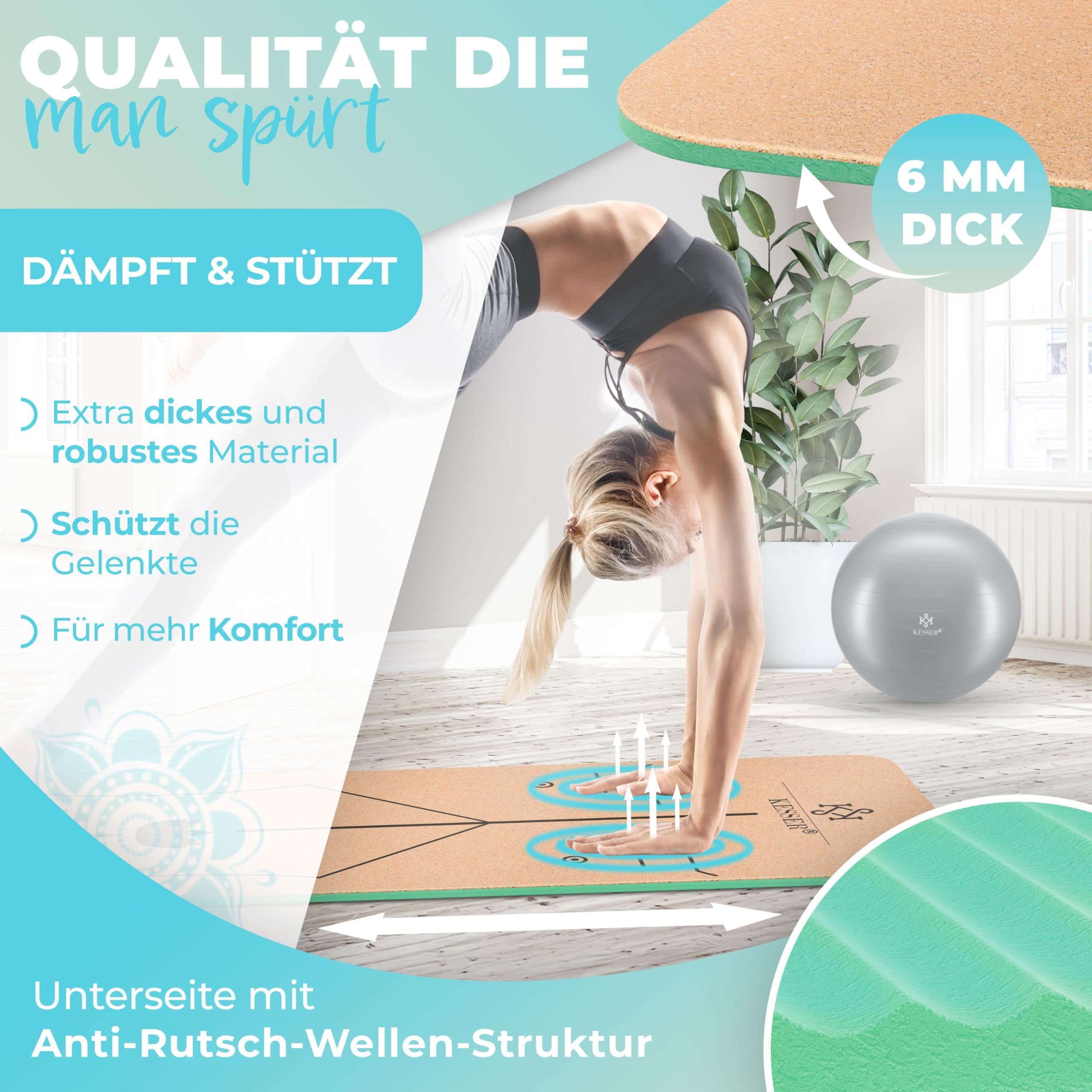 KESSER® Yogamatte Kork Inkl. Tragegurt Tasche & Block Gymnastikmatte - Matte rutschfest aus Naturkautschuk TPE Fitnessmatte, 183 x 62 Trainingsmatte für Fitness Sportmatte, Gymnastik extradick