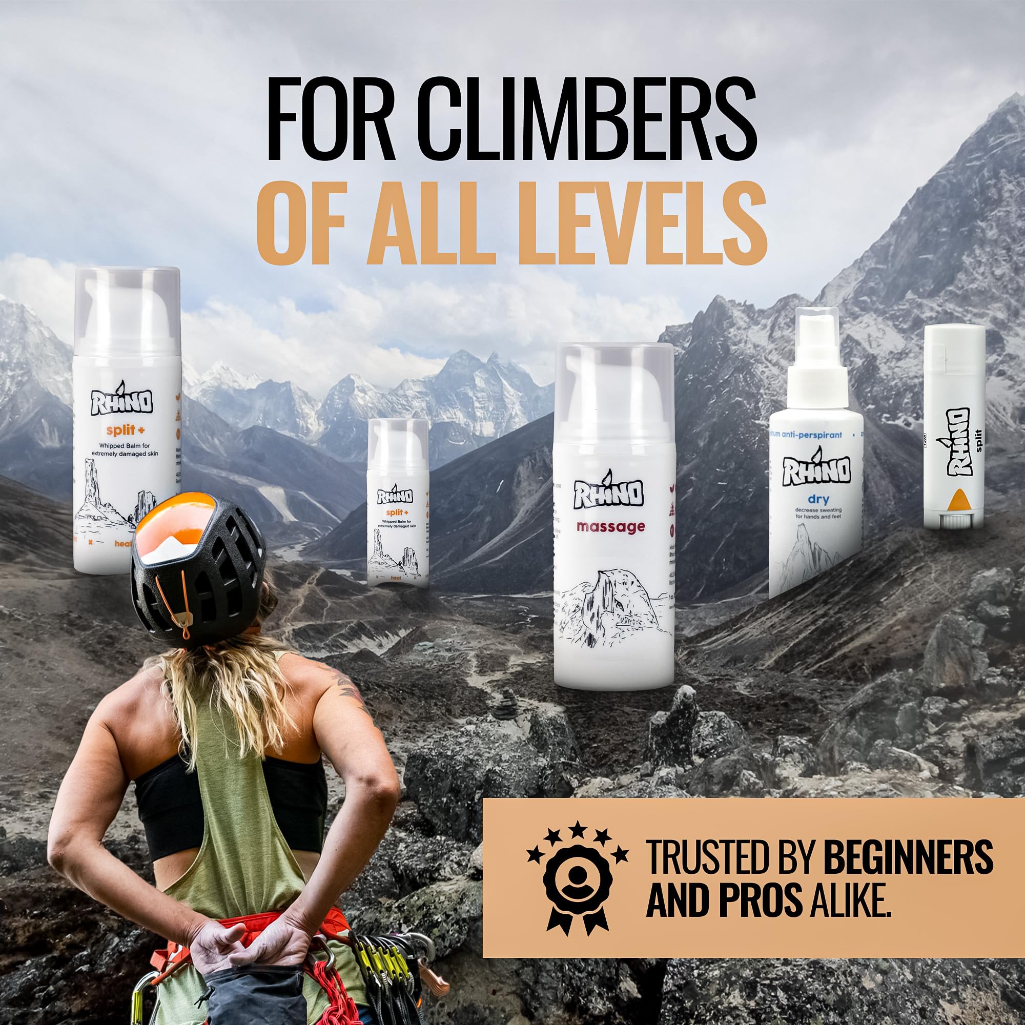 Rhino Skin Starter Kit Bundle – Climbing Skincare 5-teiliges Set mit Handcreme, Lotion, Conditioner, Antitranspirant und Balsam | Für trockene und rissige Hände | Handcremes in Reisegröße mit