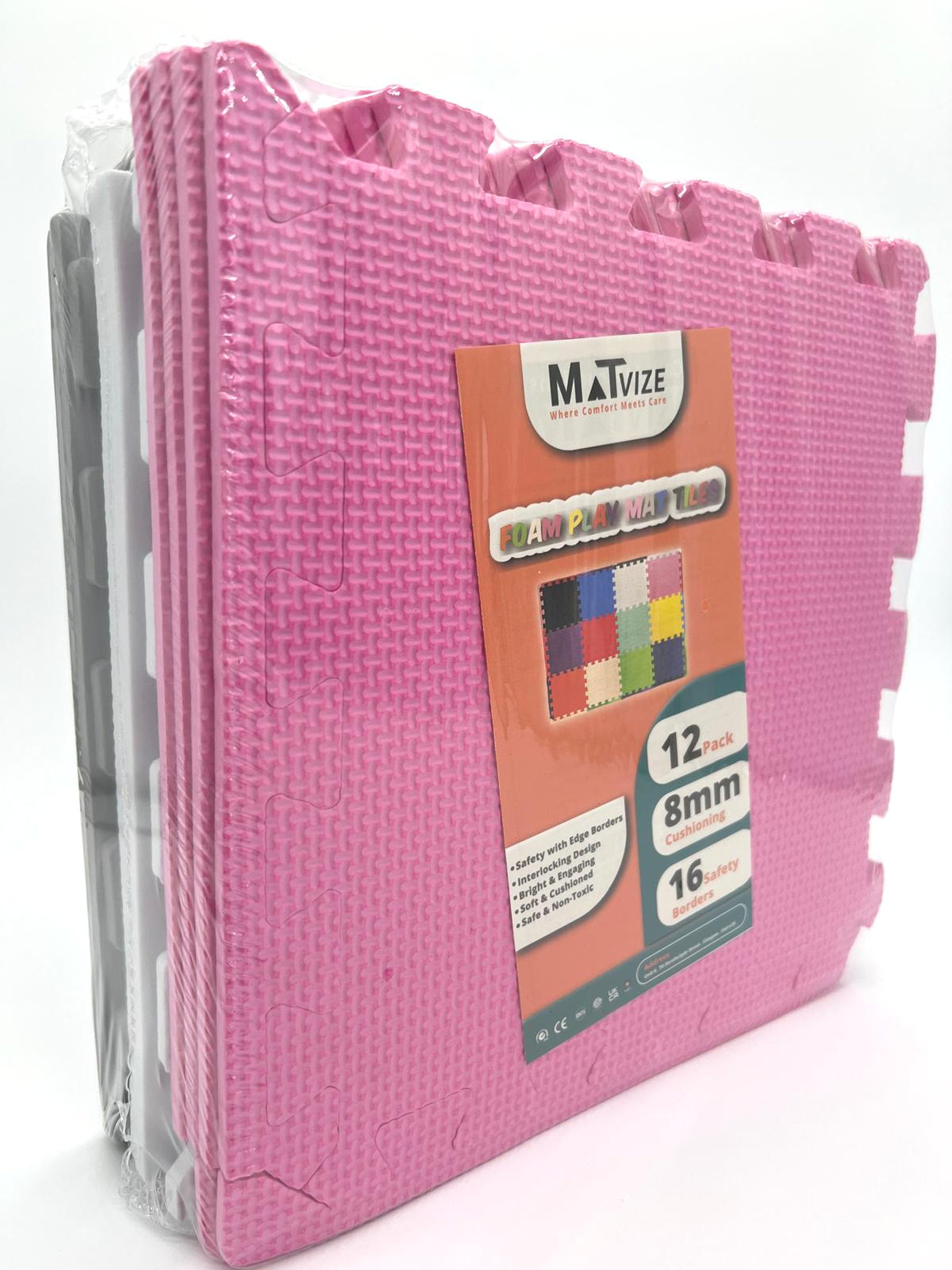 MaTvize Eva Foam Baby Play Mat – 12Pcs (29x29cm) 8mm Thick Soft Grey, White & Pink Interlocking Floor Tiles, Waterproof & Safe Matting for Kids, Child’s Play (Grey+White+Pink, 12 Pack)