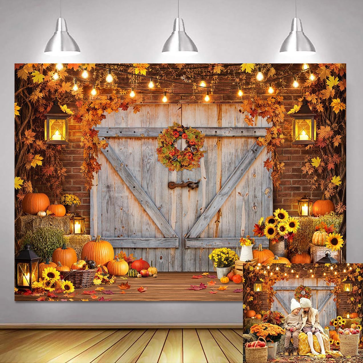 Fall Autumn Backdrop 7x5ft Rustic Barn Door Pumpkin Thanksgiving Banner