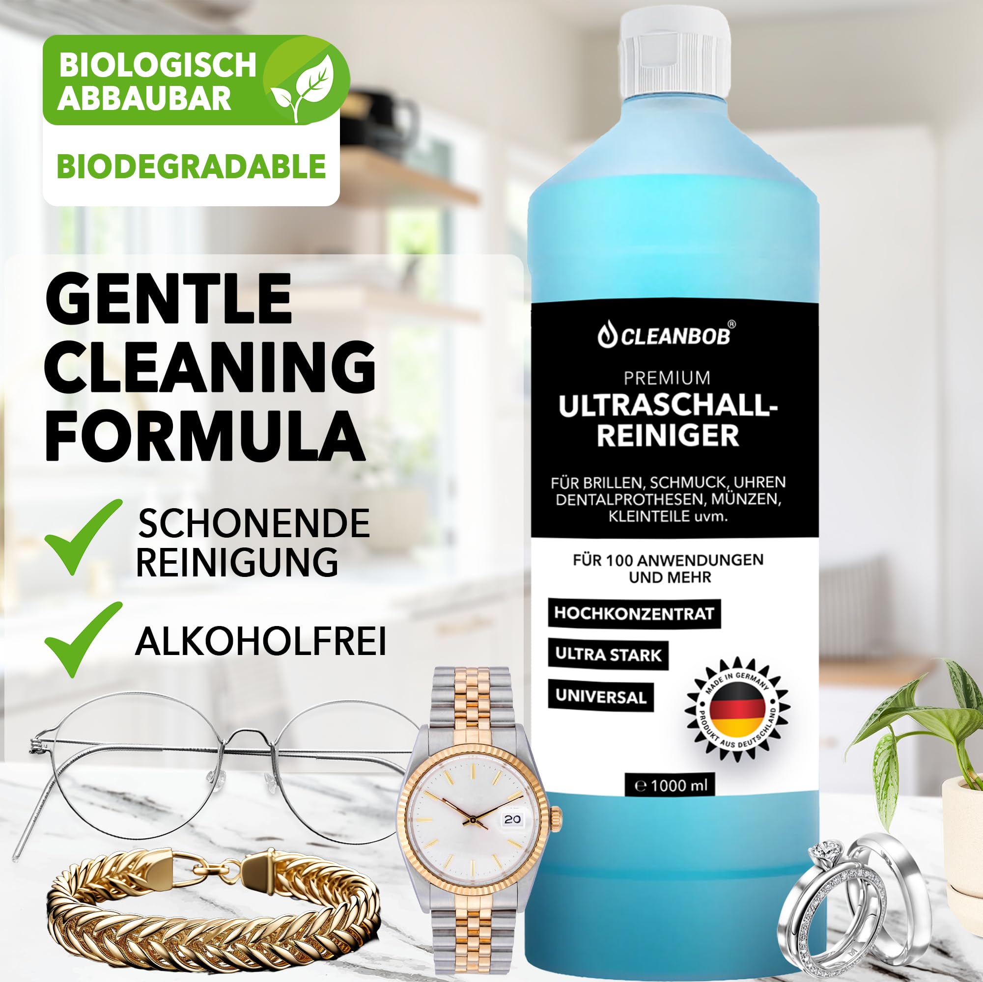 Koncentrat do czyszczenia ultradźwiękowego premium, 1 l, czyszczenie okularów, biżuterii, zegarków, protez, nadaje się do wszystkich urządzeń ultradźwiękowych, środek do czyszczenia srebrnej
