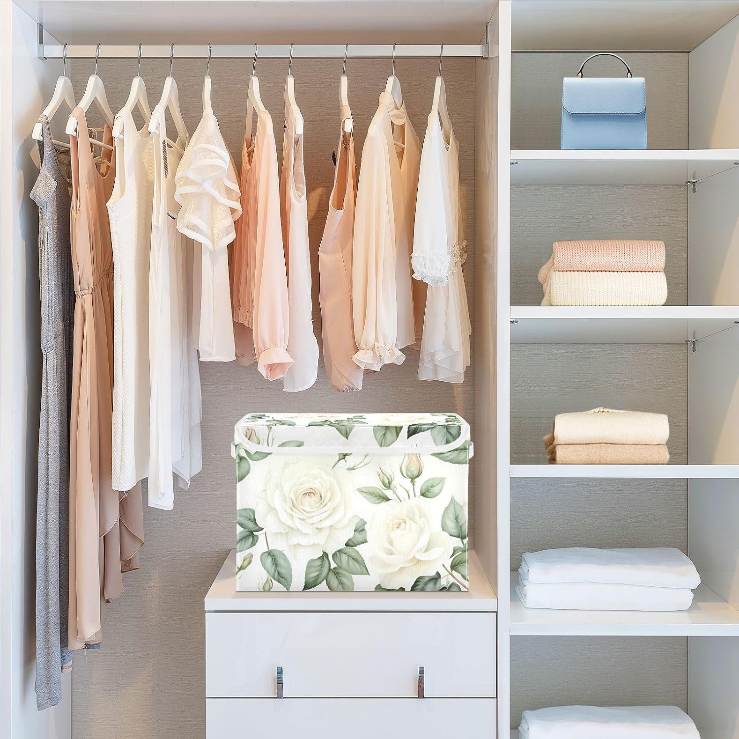 Flower Baskets Collapsible Storage Bins with Lids, White Rose Flower Storage Boxes Clothes Baskets for Organizing