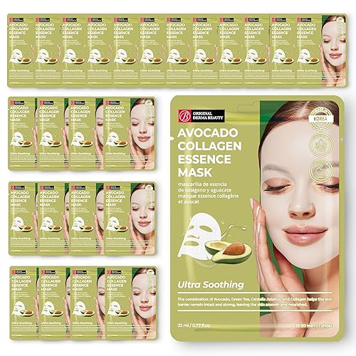 Innerest Original Derma Beauty - Mascarillas faciales de colágeno, paquete de 24 unidades, veganas, hidratantes, de aguacate, para el cuidado de la
