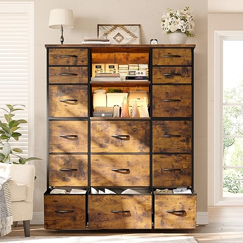 Miniatura 2 de EnHomee Cómoda de 51" de altura con 15 cajones, cómoda para dormitorio con estación de carga y luces LED y estante superior, cómodas de dormitorio