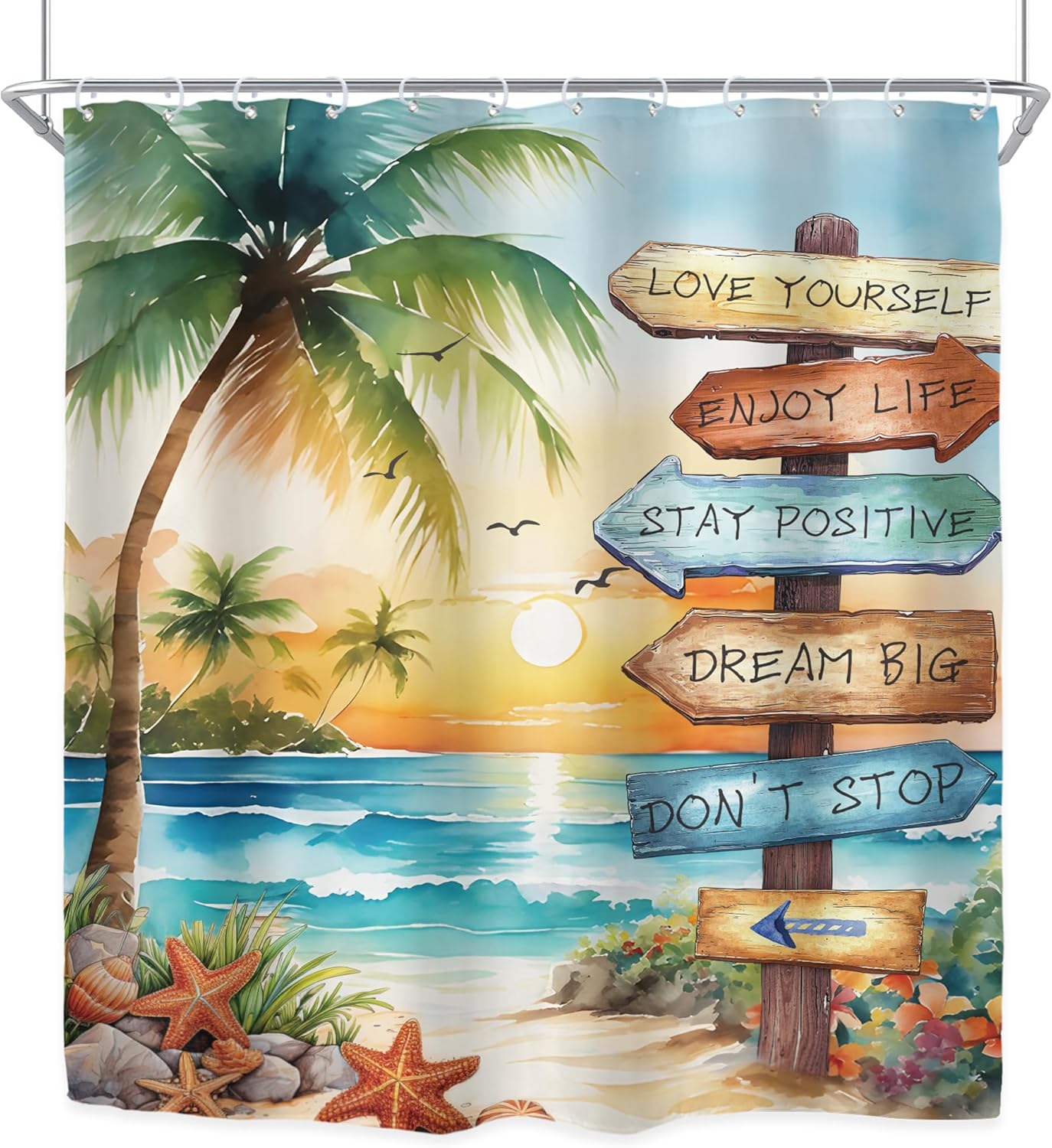 Riyidecor 72Wx84H Extra Long Shower Curtain for Bathroom Decor Beach Palm Tree Ocean Quotes Coastal Sunset Scenery Inspirational Art Printed Fabric Polyester Waterproof 12 Pack Plastic Hooks