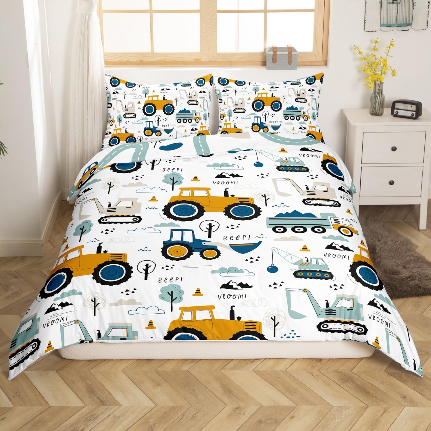 Truck King Size Duvet Cover Sets for Kids Tractor Construction Bedding Set 3-Piece - Image 2