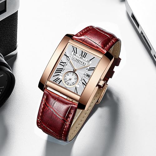 Miniatura 8 de Reloj cuadrado de cuero sin mangas hombres negro rectangular cara impermeable vintage 1950s relojes analógicos clásico número romano calendario