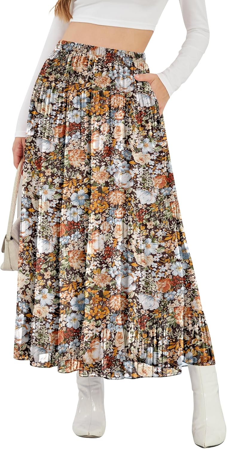 NASHALYLY Women's High Waisted Maxi Skirt,Elastic Chiffon Boho Long Skirt with Pockets