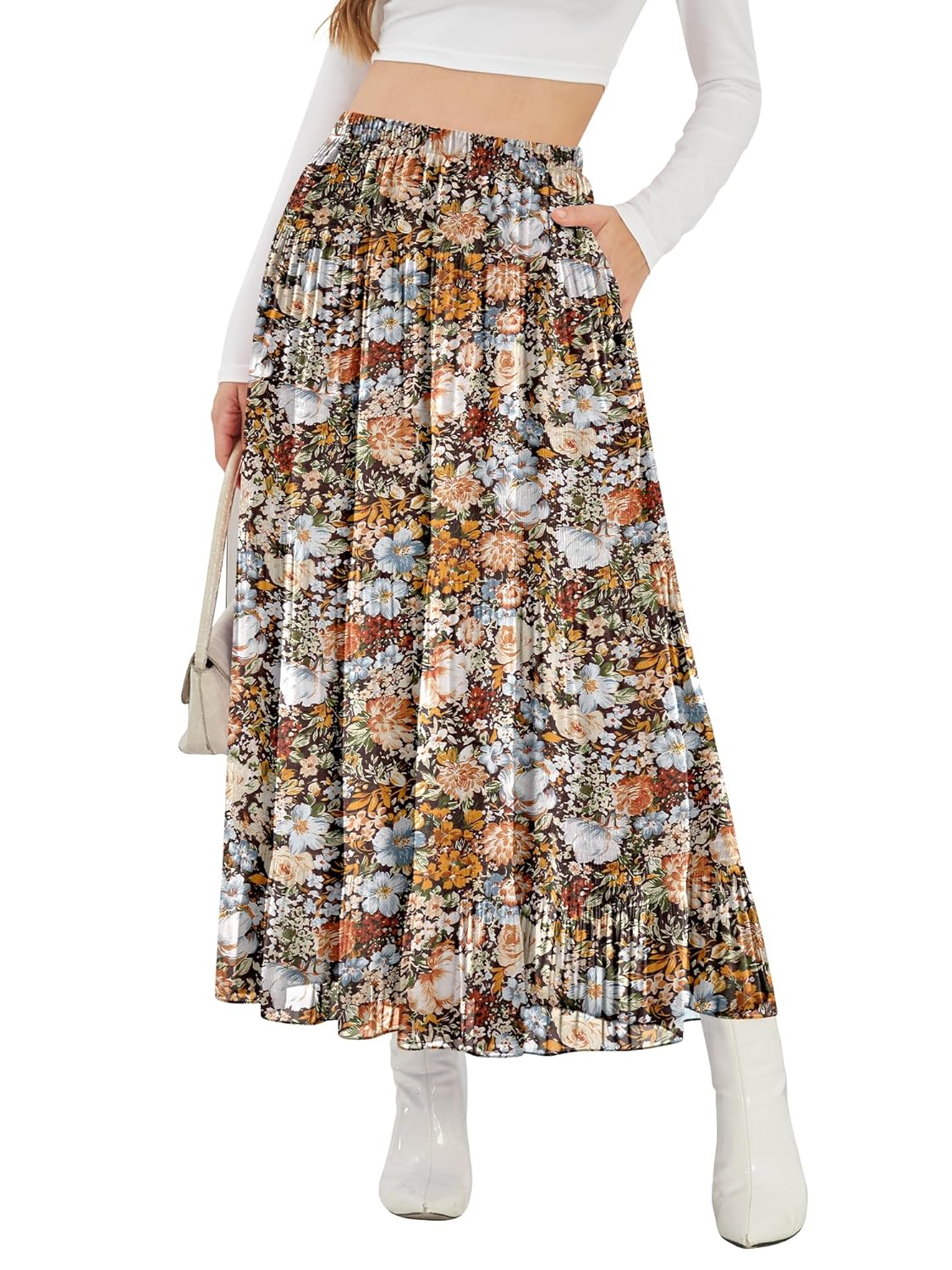 NASHALYLY Womens High Waisted Maxi Skirt Elastic Chiffon Boho Long Skirt with Pockets