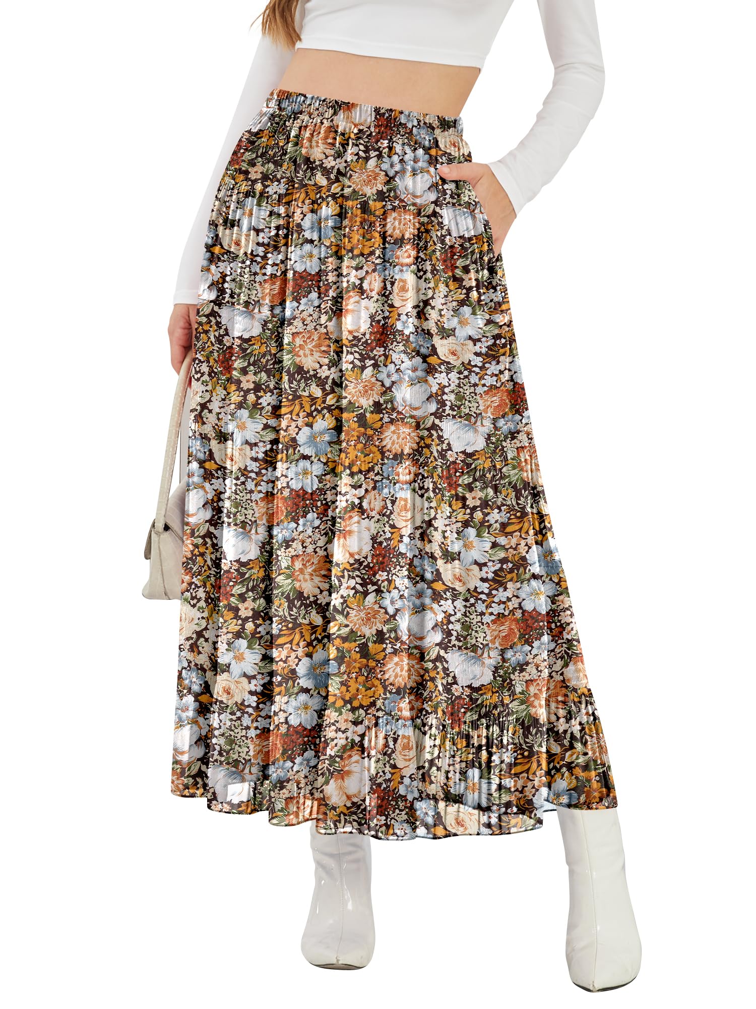 NASHALYLY Womens High Waisted Maxi Skirt Elastic Chiffon Boho Long Skirt with Pockets