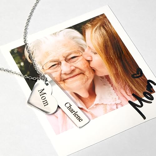 Miniatura 3 de MignonandMignon Custom Name Necklace Personalized Engraved Gold Bar Necklace, Kids’ Names, Heart Charm, Gift for Mom, Unique Birthday Jewelry for