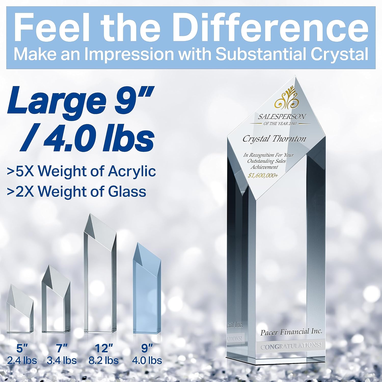 Personalized Crystal Sales Award Trophy – Diamond Shaped Recognition Plaque for Top Salesperson, Custom Engraved with Name & Company – Corporate Gift for Achievement (XL - 12")