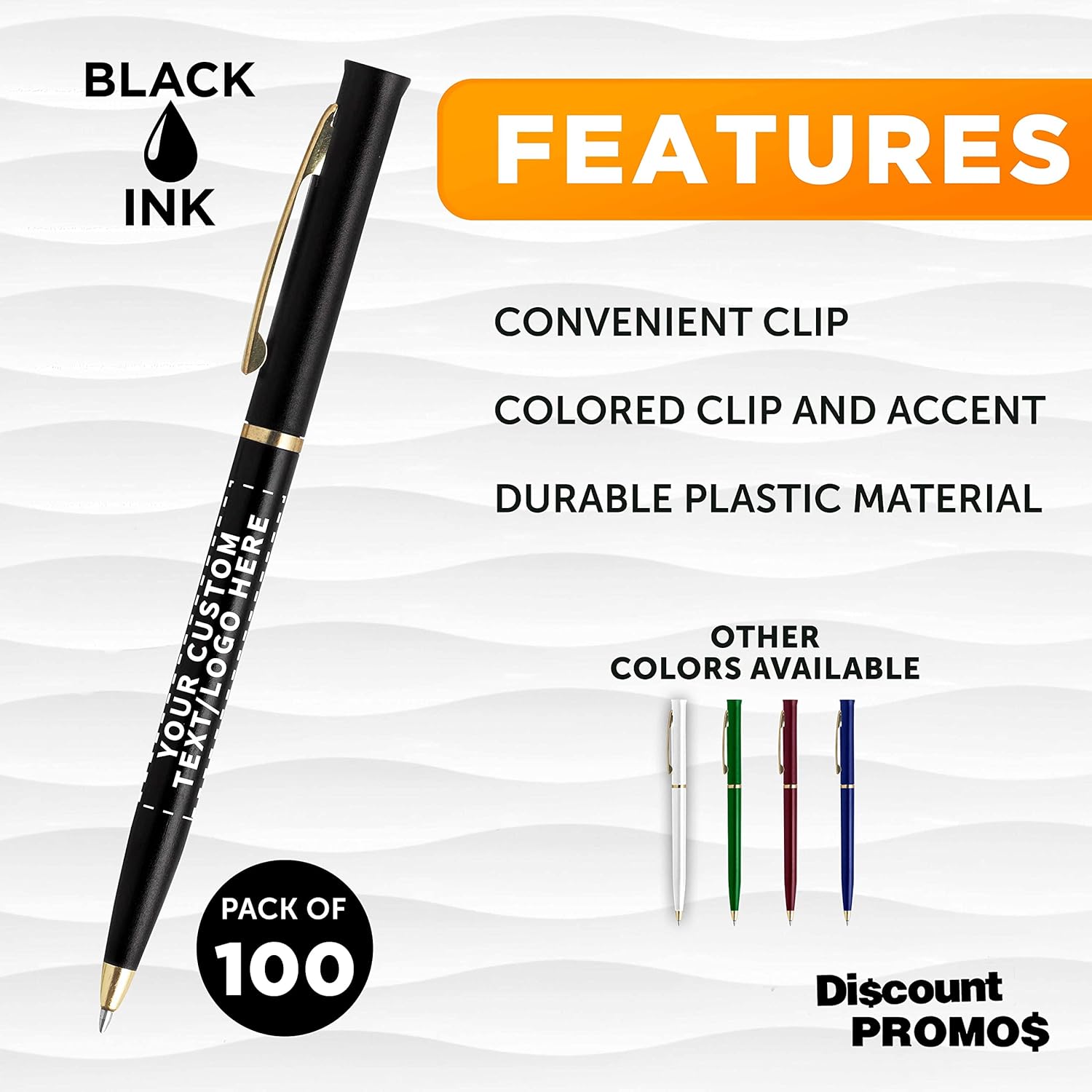 DISCOUNT PROMOS Personalized Alston Hotel Pens - 100 pack - Plastic Pens - Customizable Text, Logo - Black