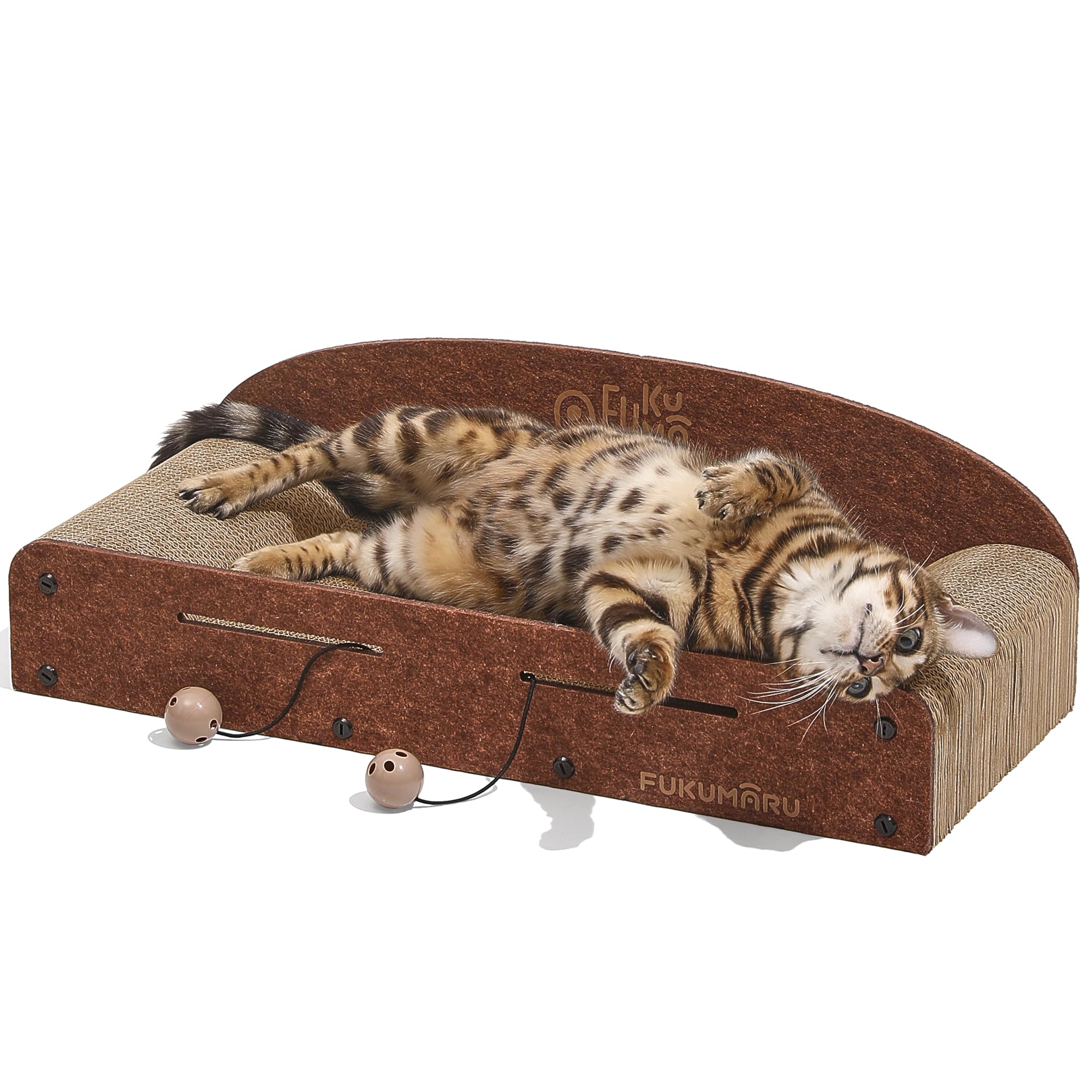 FUKUMARU 26 Inch Cat Scratcher Bed, 2 Reversible Cardboard Cat Scratch Pads Refill for Indoor Cats, Durable Large Cats Scratching Bed Sofa Couch Lounger with Fun Toys, Furniture Protector, Caramel