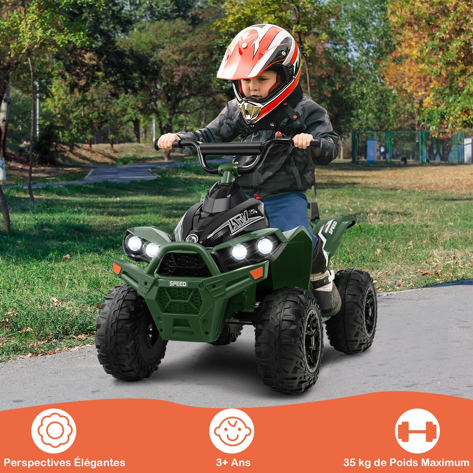 DREAMADE Quad Buggy Électrique Enfants 12V,Voiture Electrique Enfants 3-8Ans avec 2 Vitesses 2,2-4,3 km/h&Pédale&Phares LED&Klaxon&Musique,Véhicule Jouet Garçons Filles (Vert Militaire)