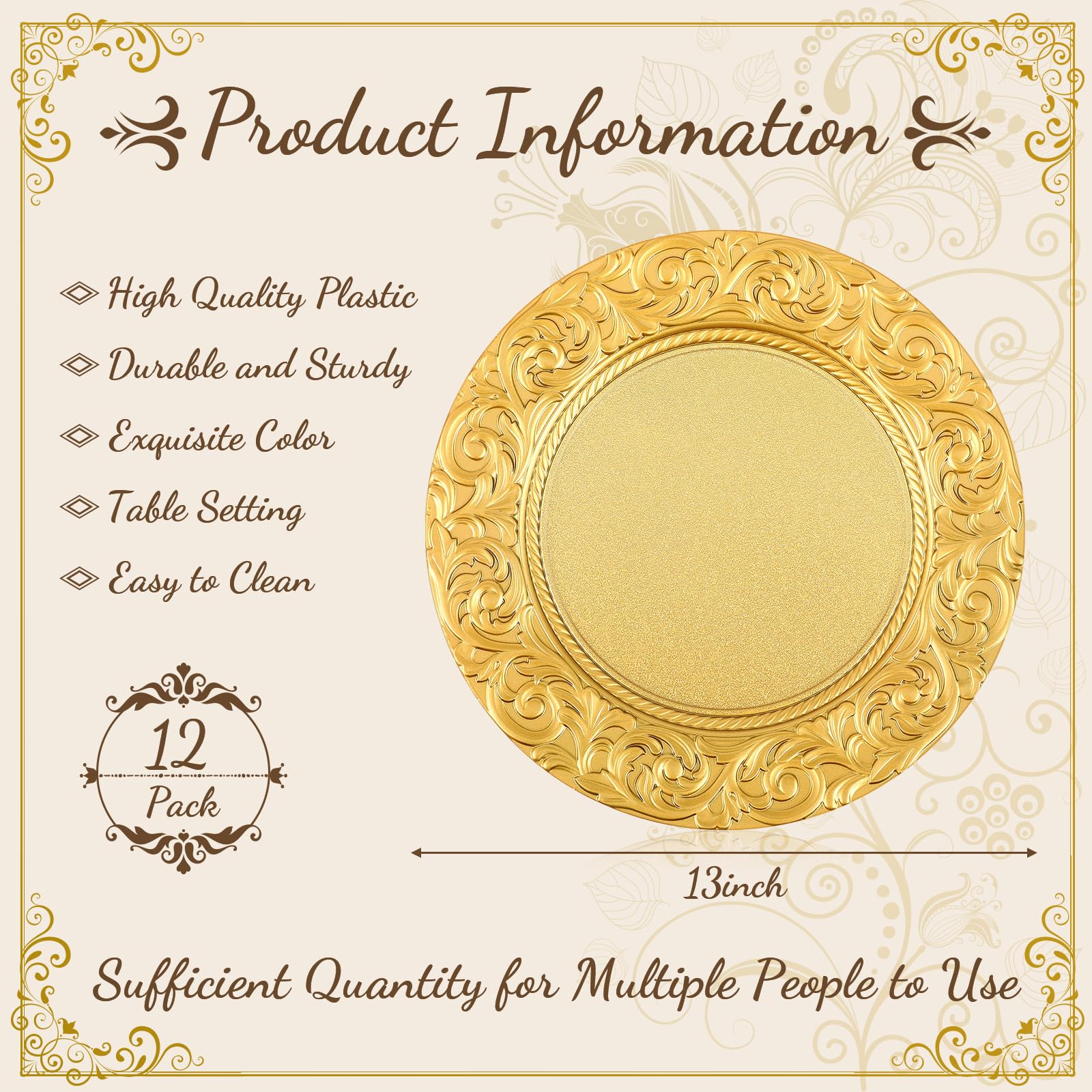Uiifan Antike Platzteller, 33 cm, Kunststoff, geprägt, rund, florale Teller für Hochzeit, dekorative Ladegeräte für Tisch, Abendessen, Küche, Party-Dekoration (Gold, 12 Stück)