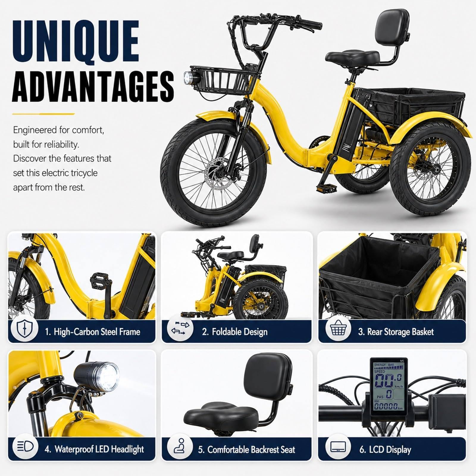 Triciclo Elettrico Pieghevole Per Adulti, Modello Con Ruote Fat Da 18″, 3 Modalità Di Guida, Batteria Da 48V 13Ah (Autonomia Di 44km) E Doppio Sist-ema Frenante, Per Gite E Commissioni Blue