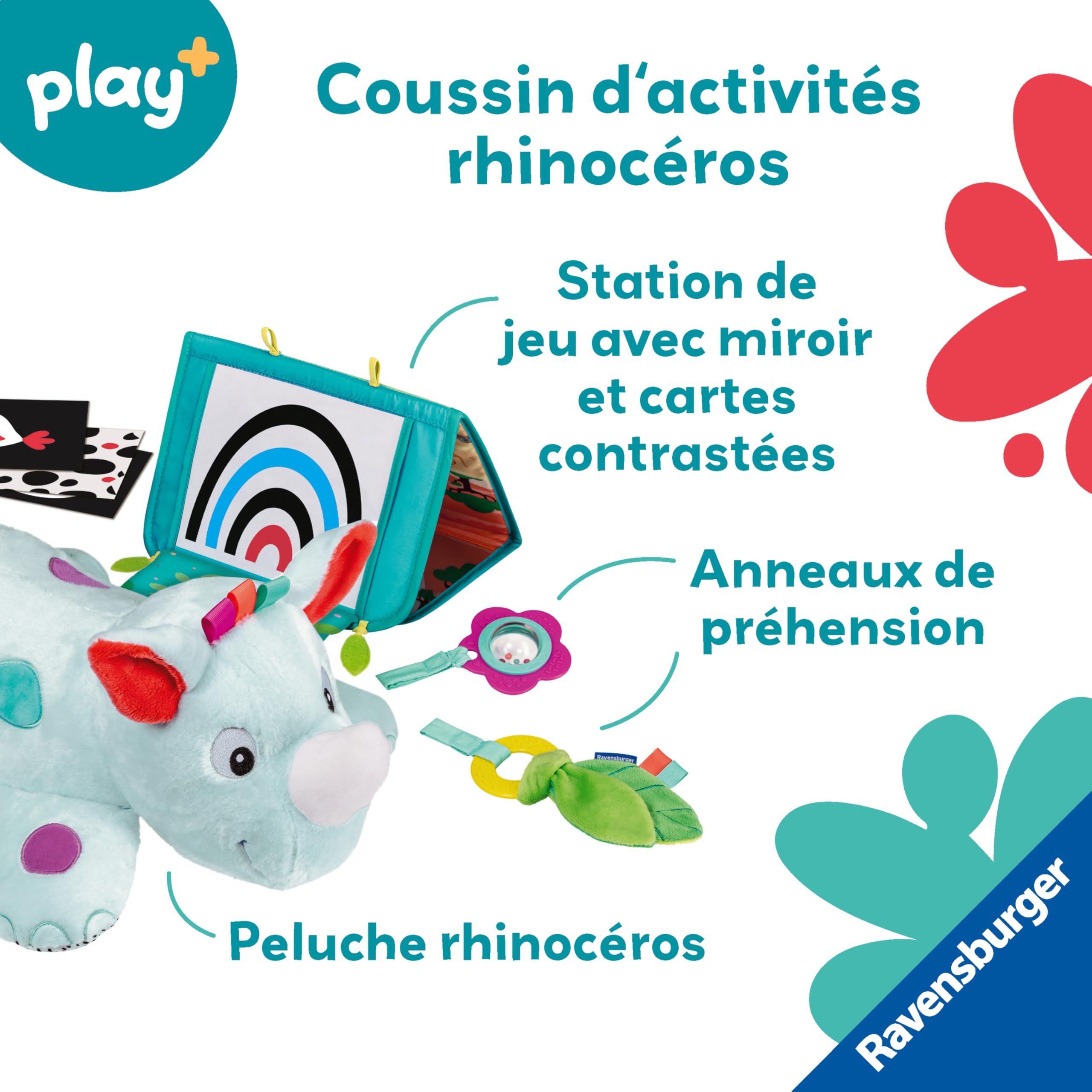 Ravensburger Play+, cuscino sportivo 3 in 1 a forma di Rhinoceros, ideale per allenare bambini da 0 a 6 mesi, giocattolo per imparare la prima infanzia e peluche per attività legate al parto, 34010