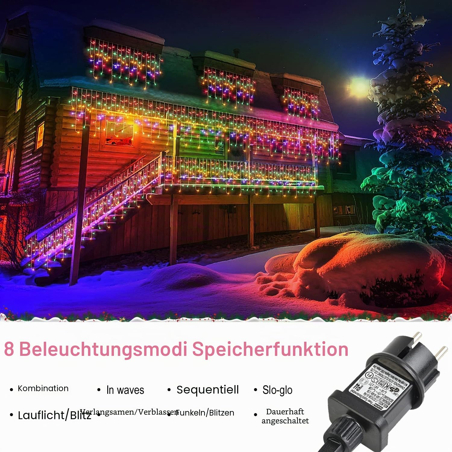 GlobaLink 400 LED Lichterkette Eisregen, 10M Lichtervorhang Außen erweiterbar Regenlichterkette Eiszapfen IP44 Lichterkette außen und Innen Deko für Dach Balkon Weihnachten Party Hochzeit - Bunt | Lichtervorhang Außen erweiterbar mit Timer und 8 Modi, IP4