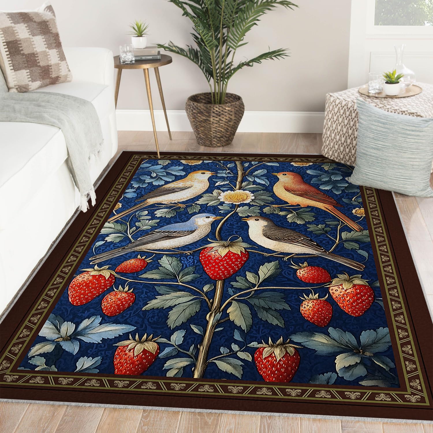 Tapis décoratifs oiseau et fraise lavables moquette poil bas bleu 80x150