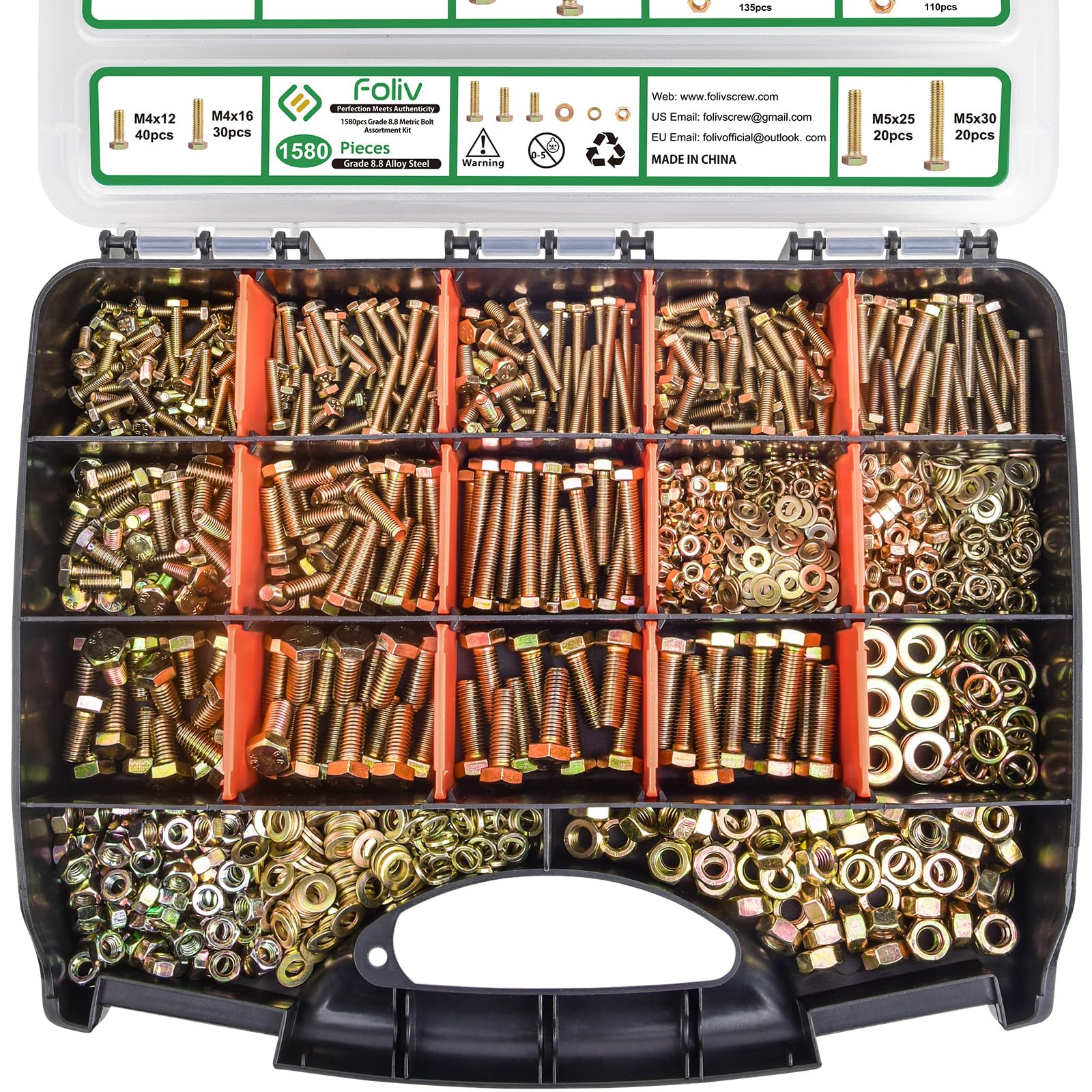 Foliv 1580pcs Metric Bolt Assortment, M4 M5 M6 M8 Nuts and Bolts Assortment Kit, Grade 8.8 Alloy Steel with Yellow Zinc Plated, Length from 12-30mm
