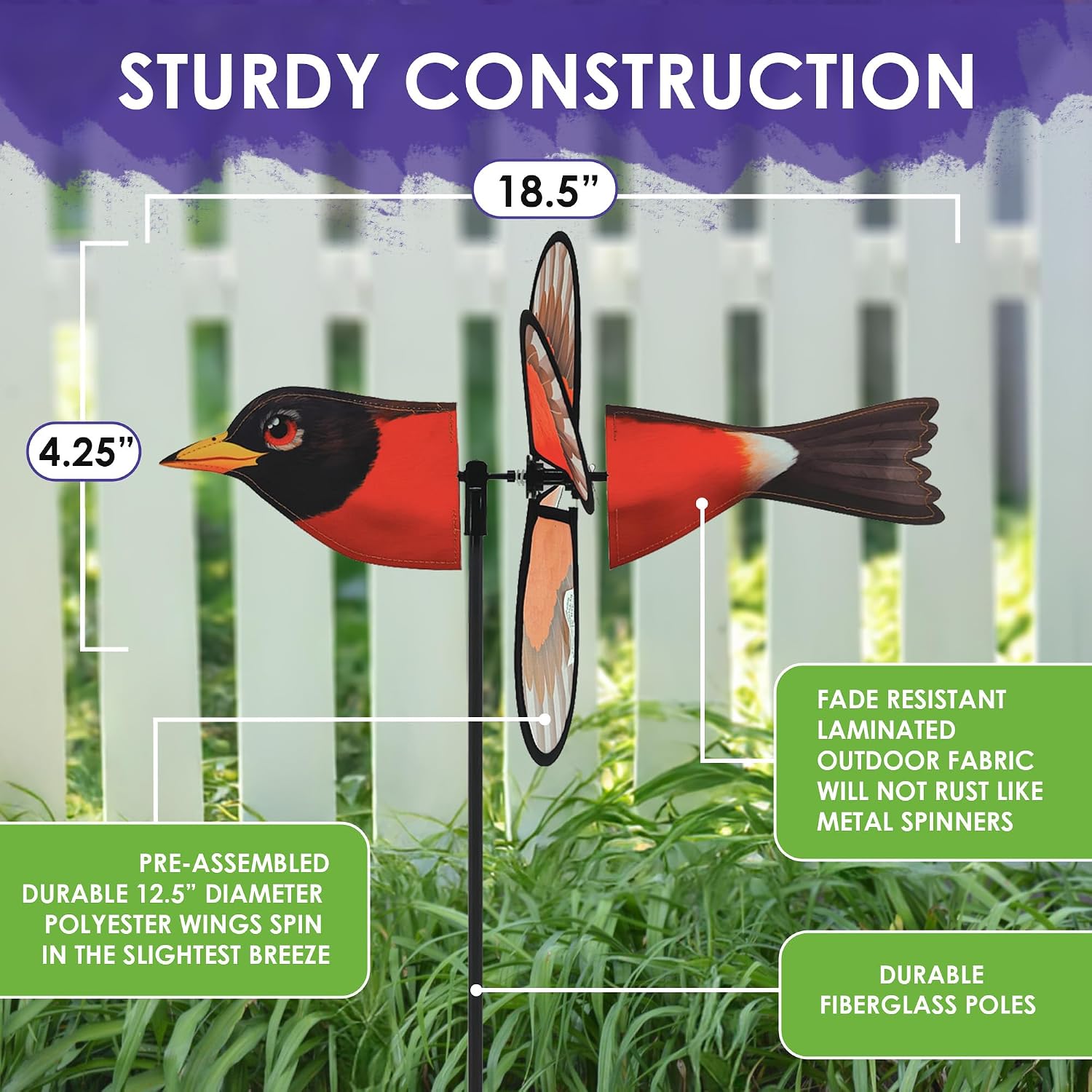 Premier Kites Petite Spinner Robin – Whimsical Wind Spinner for Yard & Garden, Durable Weather-Resistant Fabric, Easy to Assemble, Outdoor Decor for Patios, Lawns, & Fairy Lovers