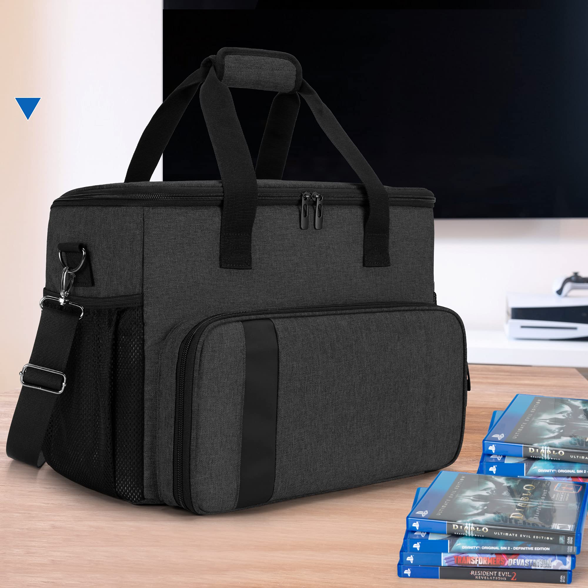 CURMIO Tragetasche für PS5, PS4, PS4 Pro, Xbox Series S, Xbox One and Xbox 360, Tragebare Aufbewahrungstasche für PlayStation Konsole, PS5 Reisetasche für Controller, Kabel (Leere Tasche), Schwarz