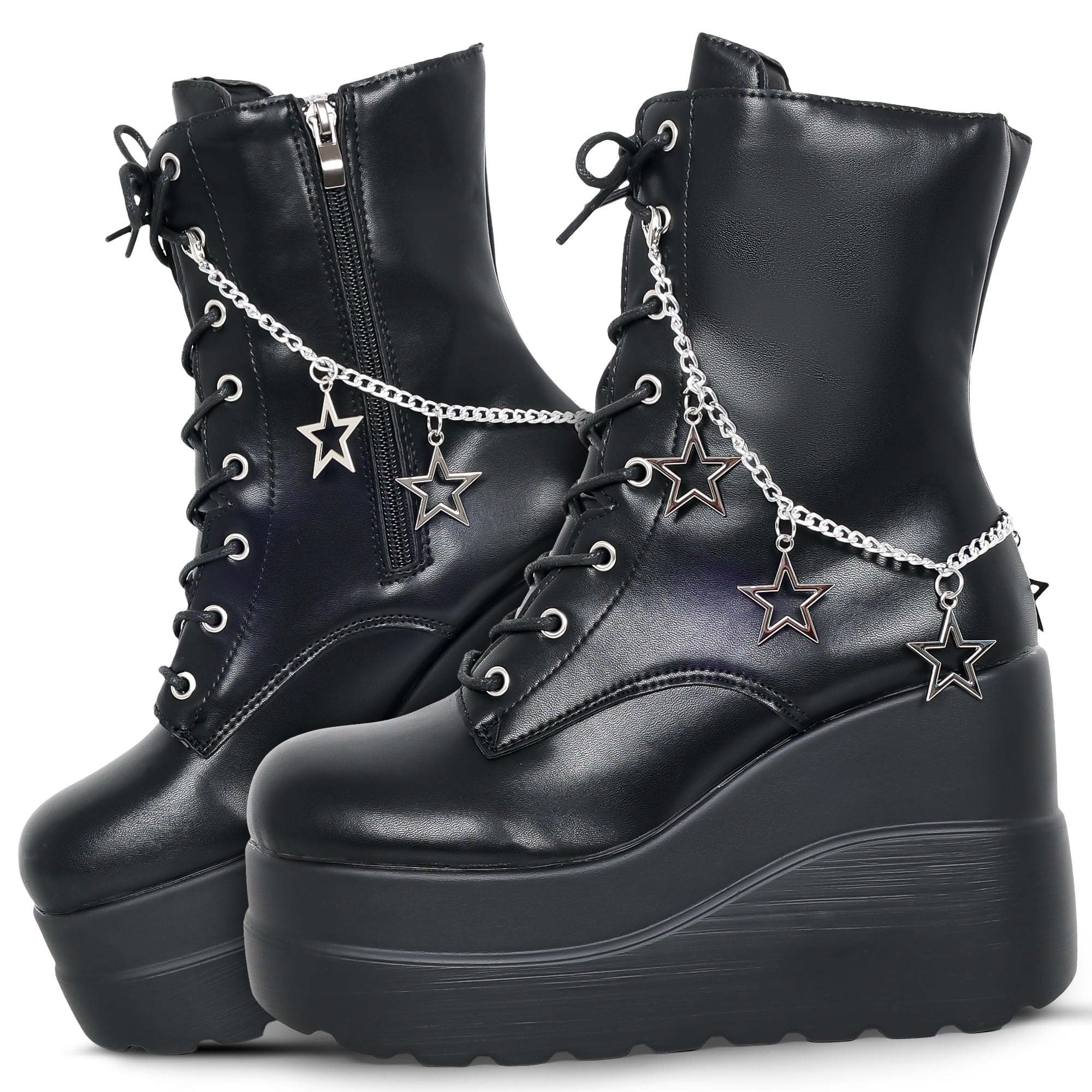 Gothniero Platform Goth Ankle Boots for Womem Black Holographic Combat Chunky Heel Boots with Side Zip Lace Up