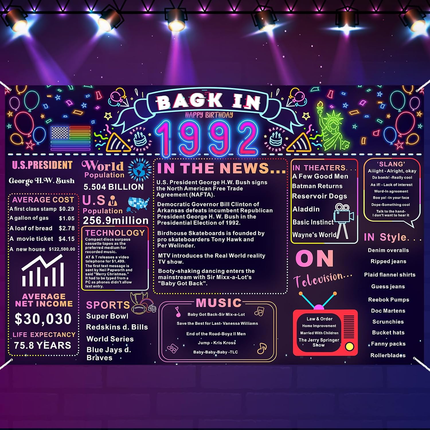 Back In 1992 34th Birthday Decorations Happy Banner Neon Backdrop Vintage 34 Years Ago Theme Decor 34th Gifts for Man and Woman 34th Birthday Party Supplies