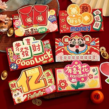 Red Envelopes for Chinese New Year 2026-6Pcs Creative Lucky Money Envelope Hongbao of Cute Patterns of Wealth Theme with Wishes for Chinese to Celebrate Spring Festival and Lantern Festival