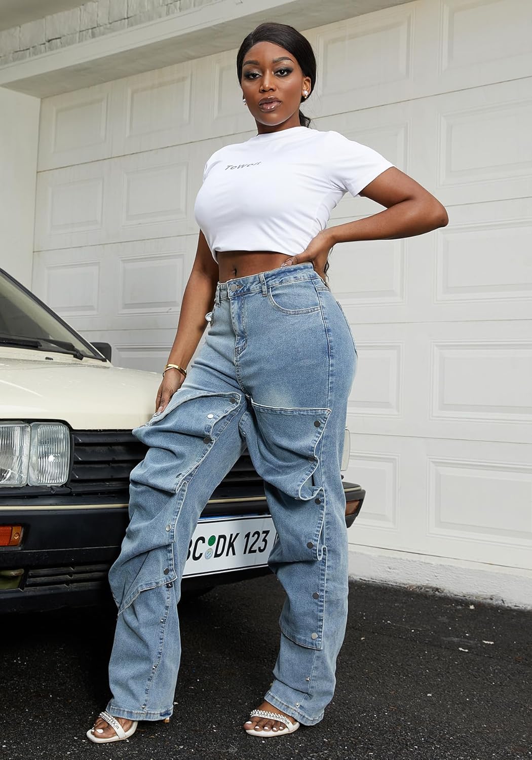 DINGANG Women's High Waisted Baggy Jeans Straight Leg Distressed Detachable Patchwork Loose Stretchy Trendy Denim Pants