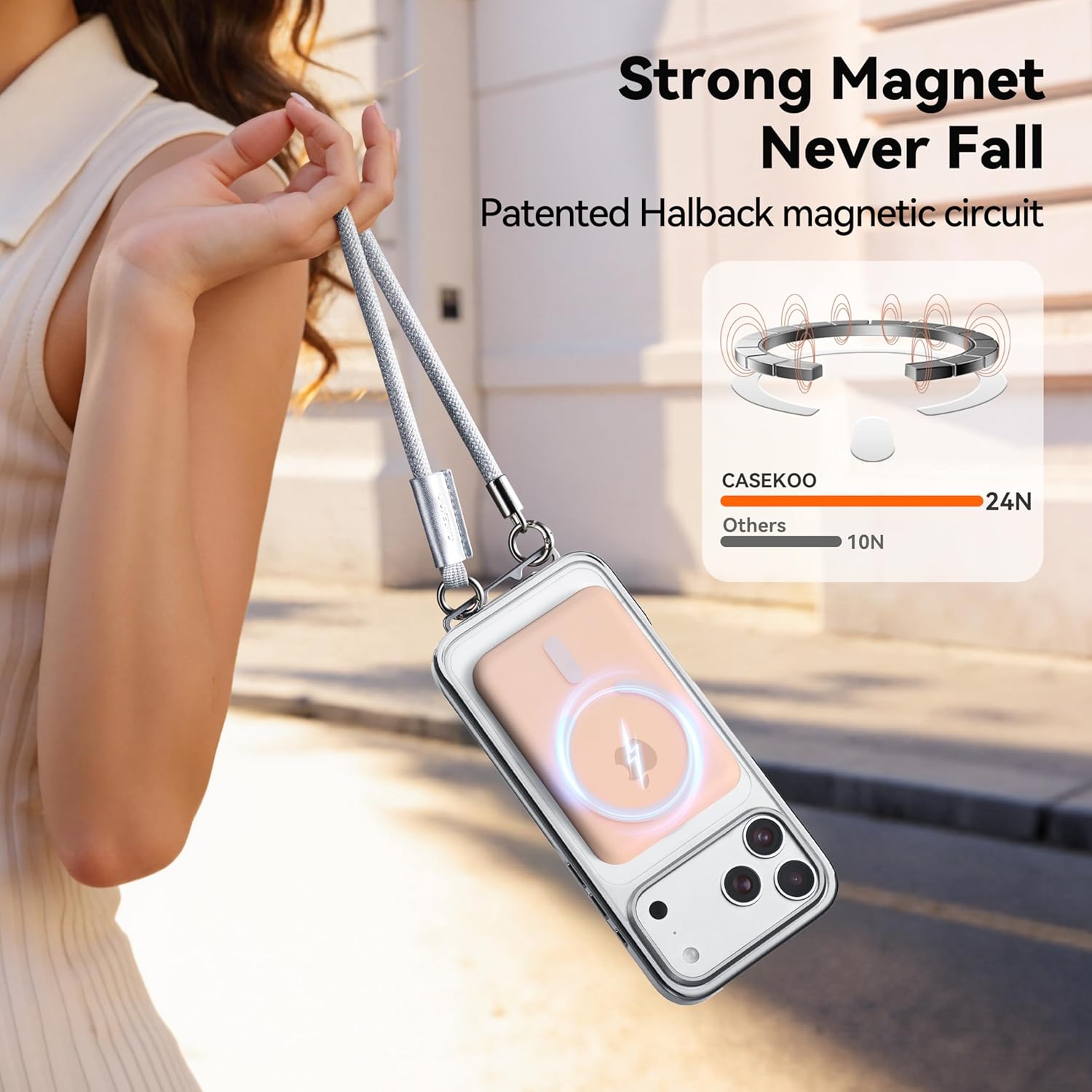CASEKOO 2026 New Linkoo Glossy Magnetic iPhone 17 Pro Max Case with Strap, Patented ClipSafe: Built-in Foldable Hidden Tab, Anti Theft Lanyard, Aluminum Alloy Lens Protection, Clear Back Case, Silver