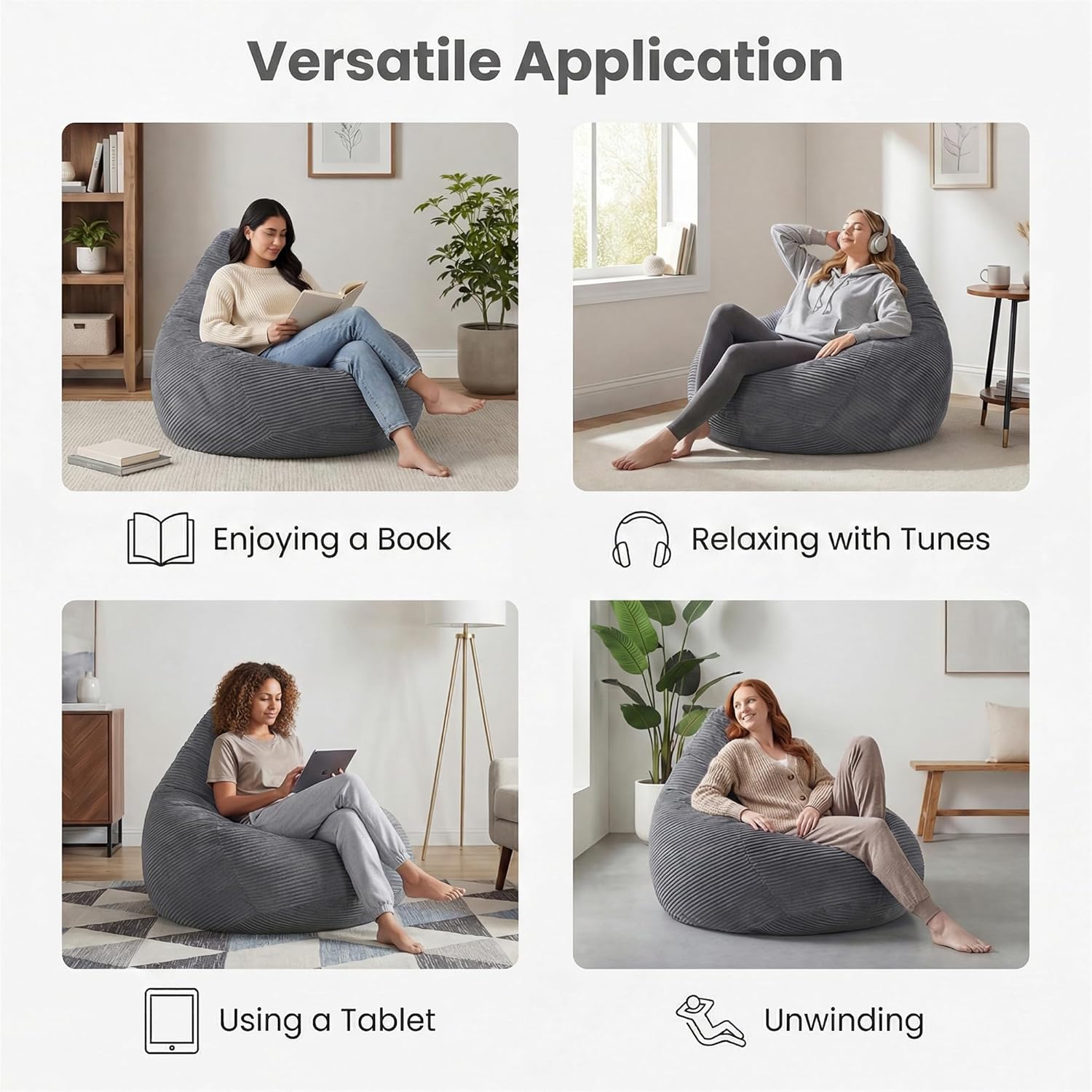 COSTWAY Bean Bag Chair for Adults & Kids, Corduroy Beanbag Chair for Teens, Comfy Sponge Filling Soft Lazy Sofa Chair for Living Room, Bedroom (Dark Grey, 32"x35"x28")