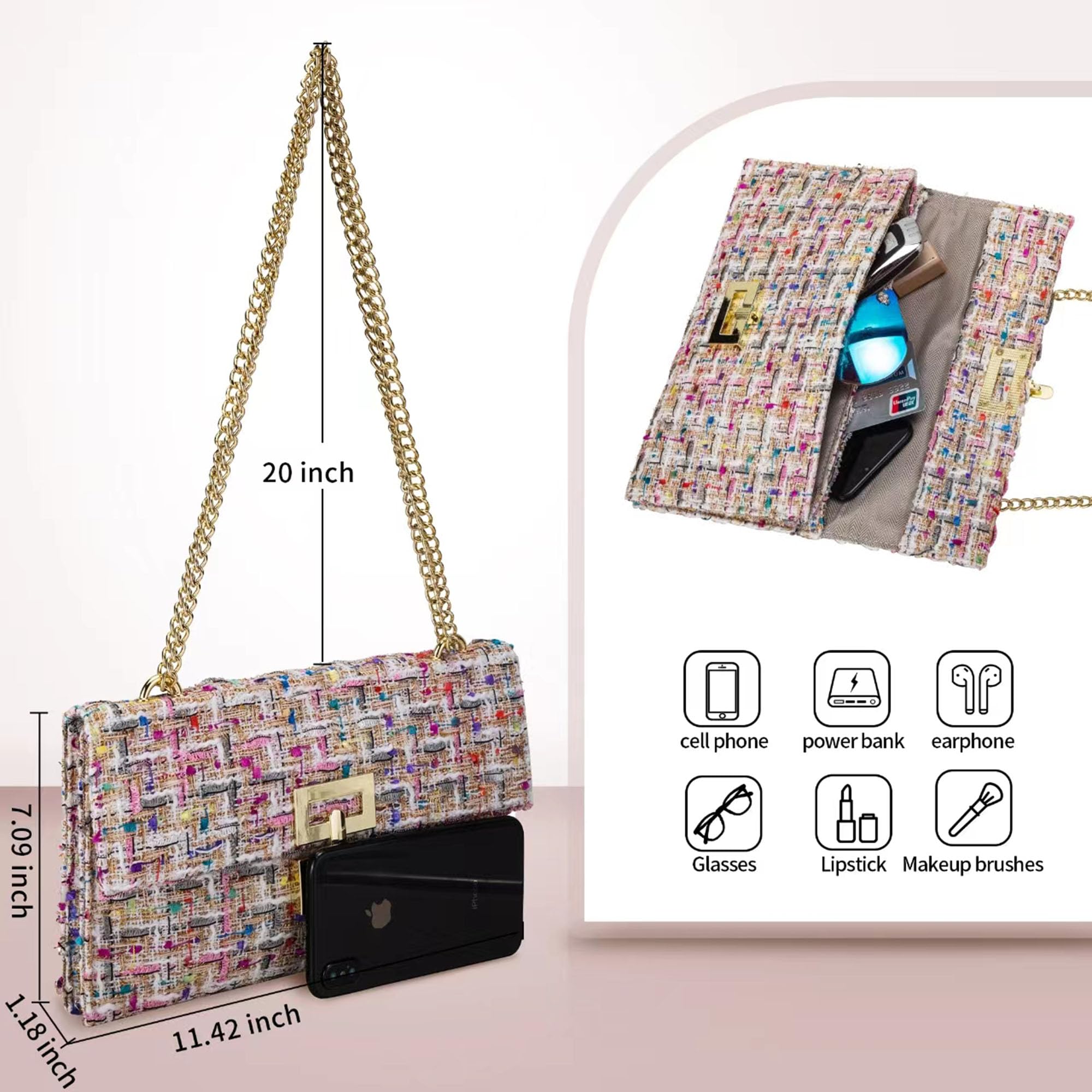 DFJXXX Tweed Clutch Purse Woven Designer Evening Bag Handbag Boho Tweed Envelope Wallet Fold Over Chain Crossbody Shoulder Bag (colour0)