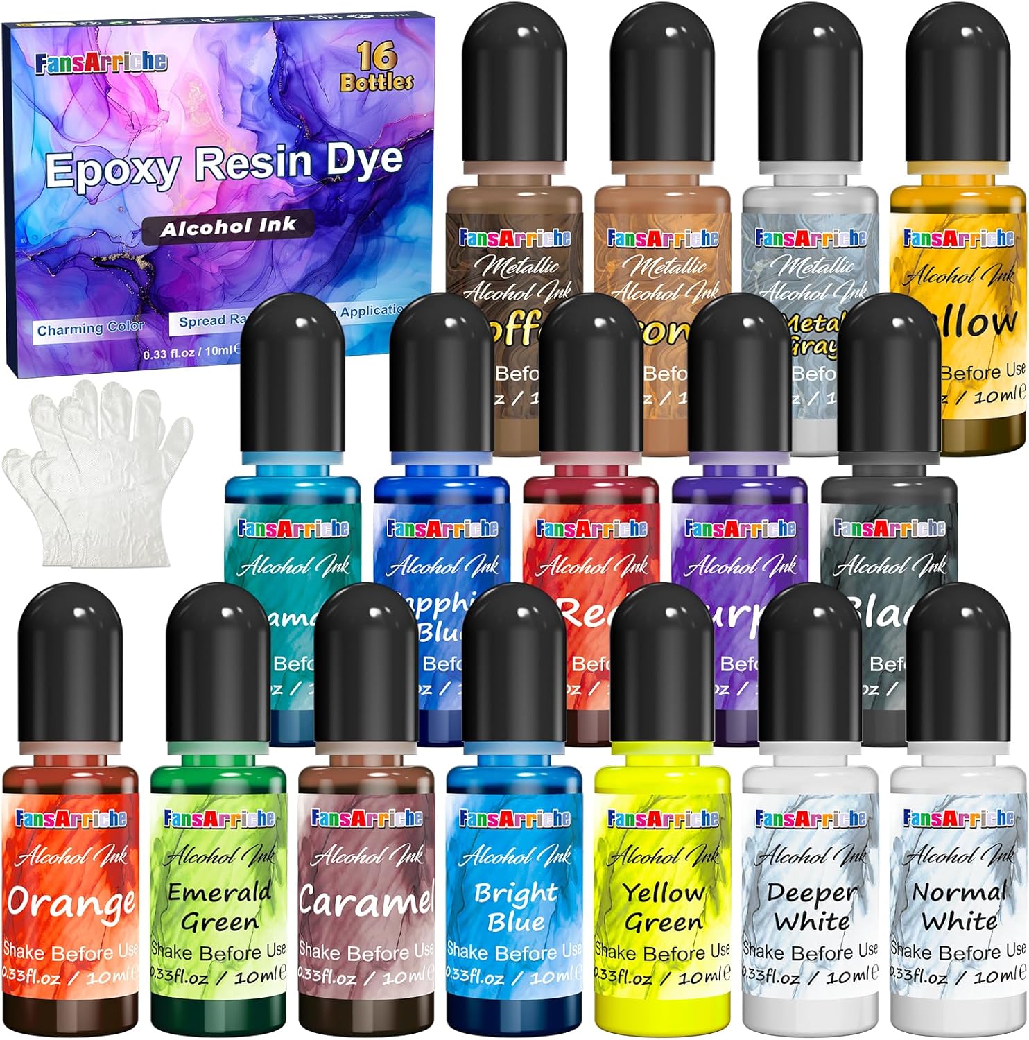 FansArriche Alcohol Inks for Resin, 64 Colors High Concentrated Alcohol Ink Set for Epoxy Resin, Alcohol-Based Resin Ink for Coasters, Fluid Painting Crafts, Tumbler Making, 10 ml Each