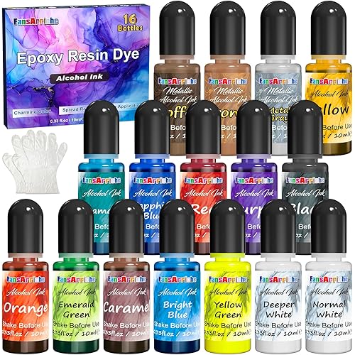 FansArriche Alcohol Inks for Resin, 16 Colors High Concentrated Alcohol Ink Set for Epoxy Resin, Alcohol-Based Resin Ink for Coasters, Fluid Painting Crafts, Tumbler Making, 10 ml Each