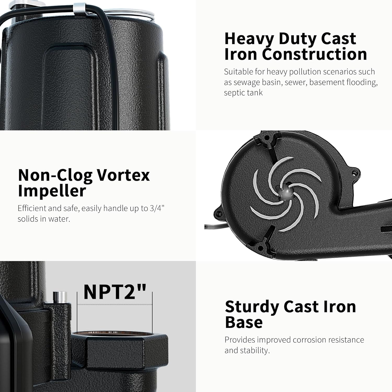 LANCHEZ 1.5 HP 53FT Submersible Sewage Pump, 4300 GPH Heavy Duty Cast Iron Effluent Pump with Automatic Tethered Float Switch, Sump Pump for Sump Basin, Basement, Residential, 2" NPT Discharge, Black