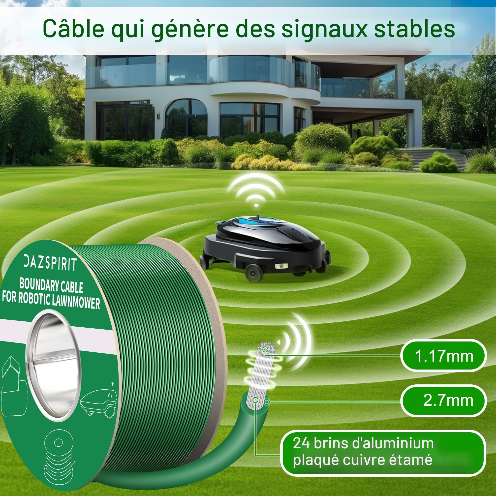 DazSpirit 100 m Cable Robot Tondeuse + 50 Piquets + 10 Connecteurs de Câble + 10 Bornes de Connexion, Tondeuse Gazon Fil Périphérique Compatible avec Gardena Bosch Husqvarna Worx Honda Robomow etc