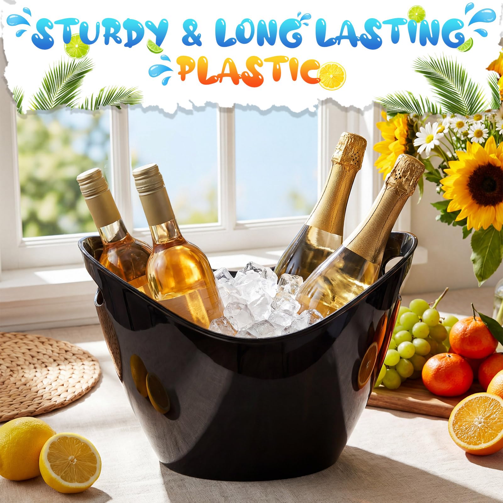 meekoo 24 contenitori ovali con manici, secchielli per ghiaccio da 4 l, in plastica, per vino, birra, champagne, bevande rinfrescanti, per feste, bevande, per interni ed esterni, cocktail bar (nero)