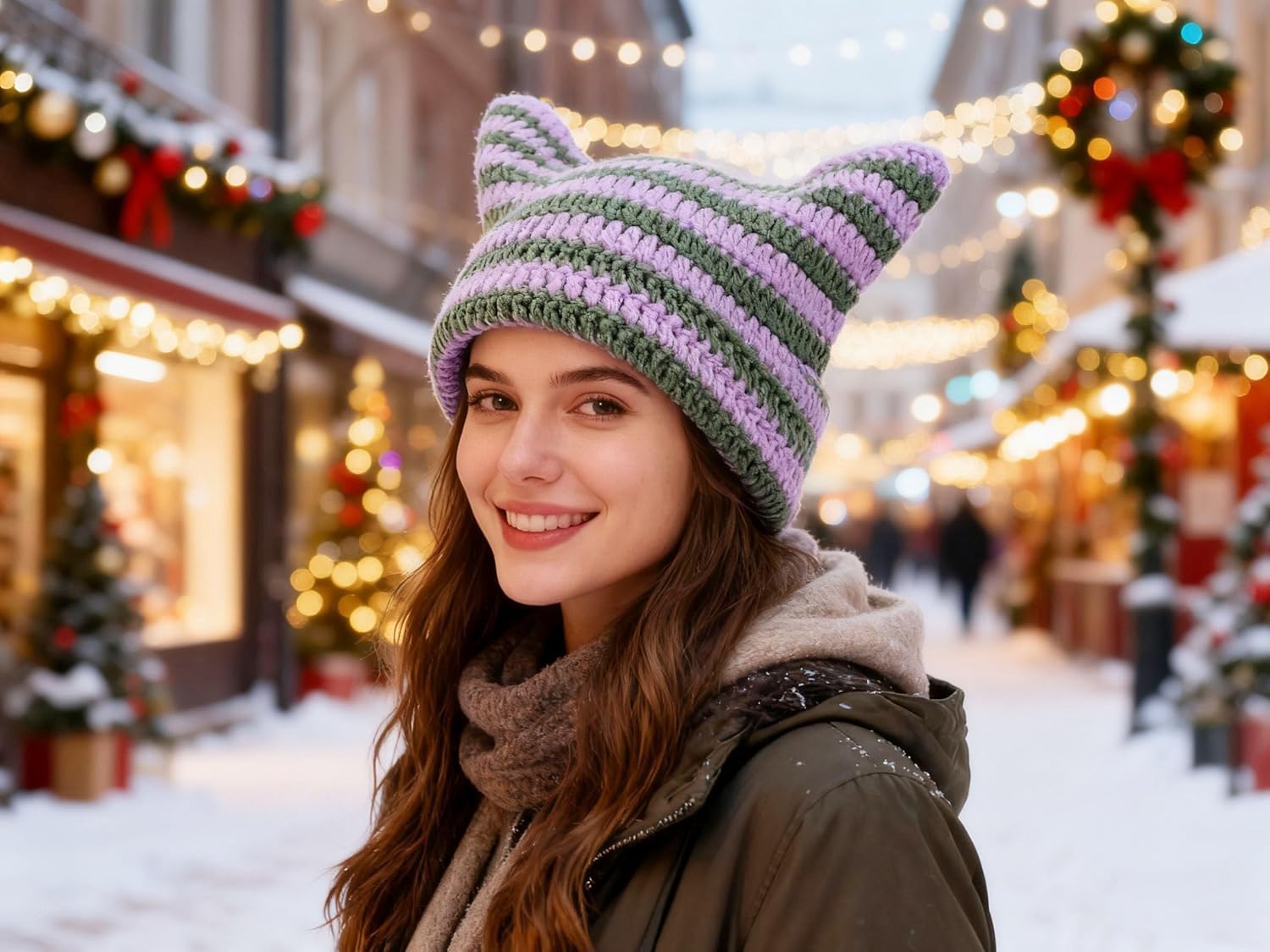 Crochet Hats for Women Cute Cat Ear Knitted Hat Soft Knit Hat Vintage Cuffed Slouchy Beanie for Women - Image 3