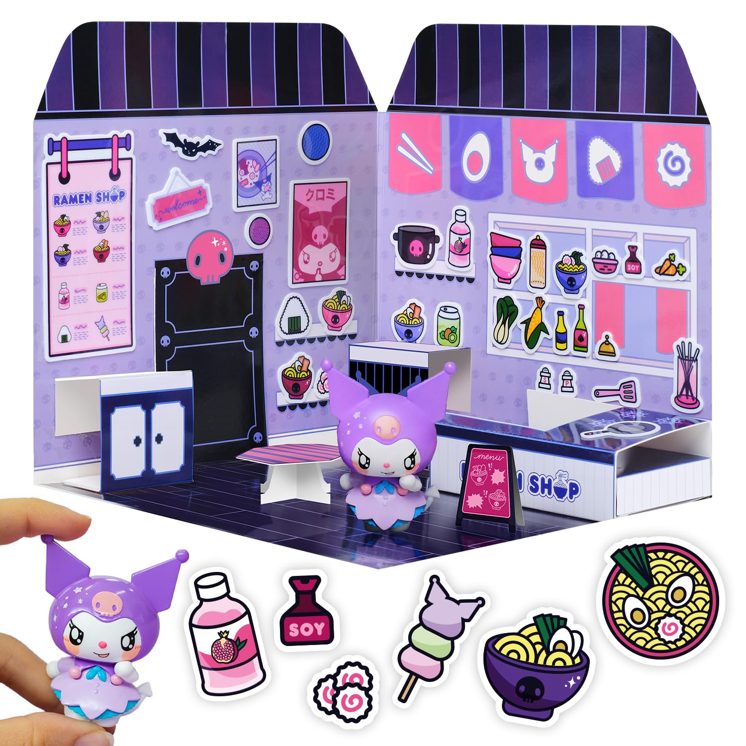 Playset Kuromi Ramen Shop 40+ Stickers and 6cm Figurine | 3D House Restaurant Reusable Stickers | Kawaii Foodcourt Sticker House | Comansi